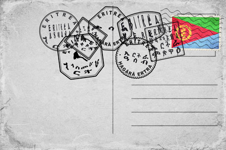 Eritrea Vintage Postcard with Flag Stamp and City Postmarksの写真素材