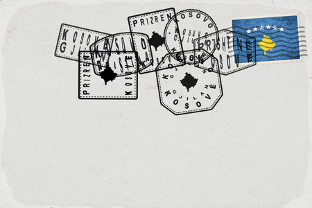 Kosovo Vintage Postcard with Flag Stamp and City Postmarksの写真素材