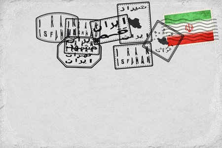 Iran Vintage Postcard with Flag Stamp and City Postmarksの写真素材