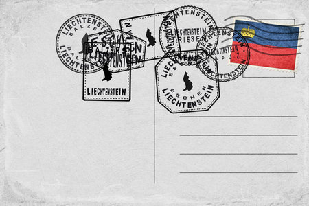Liechtenstein Vintage Postcard with Flag Stamp and City Postmarksの写真素材