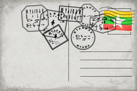 Myanmar Vintage Postcard with Flag Stamp and City Postmarksの写真素材