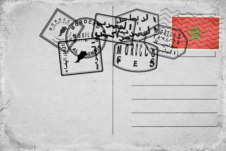 Morocco Vintage Postcard with Flag Stamp and City Postmarksの写真素材