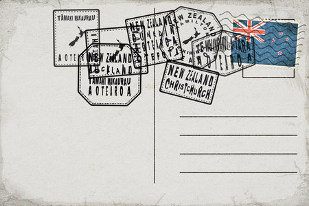 New Zealand Vintage Postcard with Flag Stamp and City Postmarksの写真素材