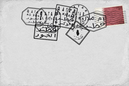 Qatar Vintage Postcard with Flag Stamp and City Postmarksの写真素材