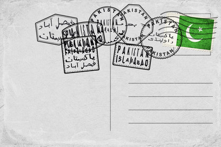 Pakistan Vintage Postcard with Flag Stamp and City Postmarksの写真素材