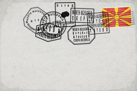 North Macedonia Vintage Postcard with Flag Stamp and City Postmarksの写真素材