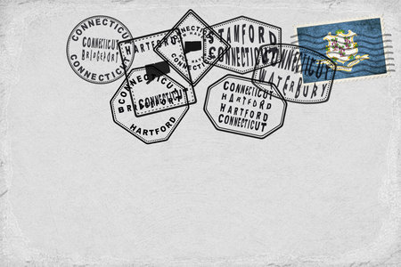 Connecticut Vintage Postcard with Flag Stamp and City Postmarksの写真素材
