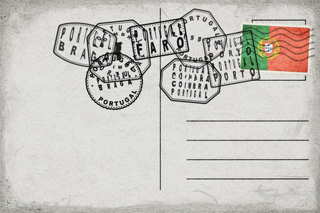 Portugal Vintage Postcard with Flag Stamp and City Postmarksの写真素材