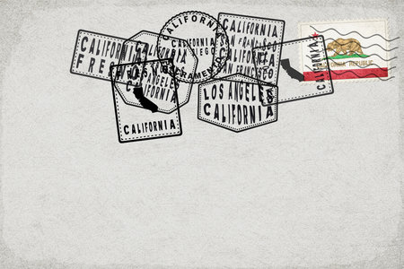 California Vintage Postcard with Flag Stamp and City Postmarksの写真素材