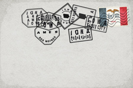 Iowa Vintage Postcard with Flag Stamp and City Postmarksの写真素材