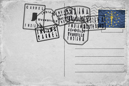 Indiana Vintage Postcard with Flag Stamp and City Postmarksの写真素材