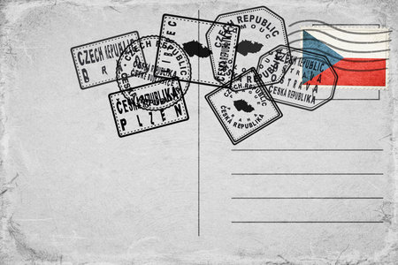 Czech Republic Vintage Postcard with Flag Stamp and City Postmarksの写真素材