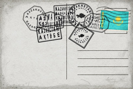 Kazakhstan Vintage Postcard with Flag Stamp and City Postmarksの写真素材