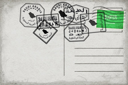 Saudi Arabia Vintage Postcard with Flag Stamp and City Postmarksの写真素材