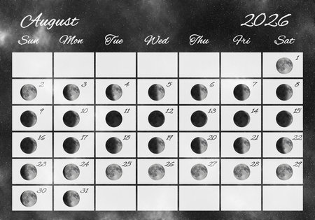 Moon Phases Calendar, August 2026 Spaceの写真素材