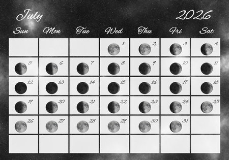 Moon Phases Calendar, July 2026 Spaceの写真素材
