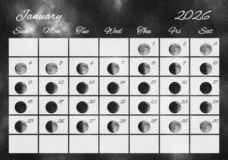 Moon Phases Calendar, January 2026 Spaceの写真素材