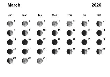 Moon Phases Calendar. March 2026 on Whiteの写真素材