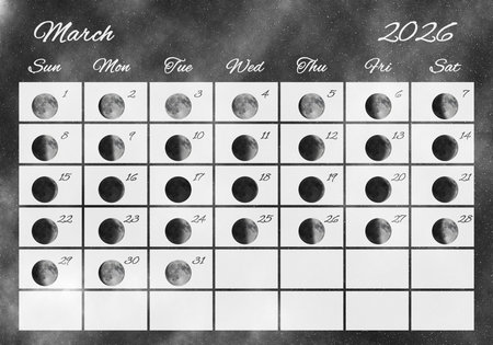 Moon Phases Calendar, March 2026 Spaceの写真素材