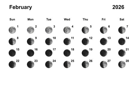 Moon Phases Calendar. February 2026 on Whiteの写真素材