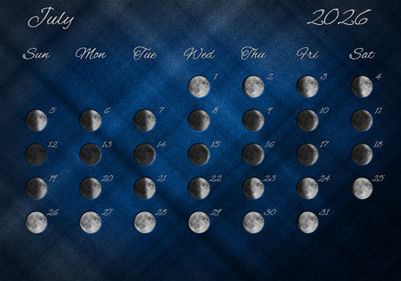 Moon Phases Calendar, July 2026 Blueの写真素材
