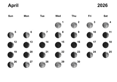 Moon Phases Calendar. April 2026 on Whiteの写真素材