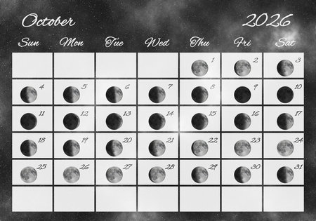 Moon Phases Calendar, October 2026 Spaceの写真素材