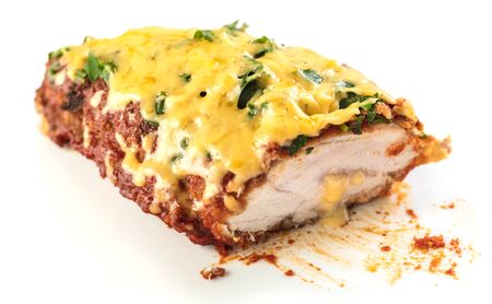 Baked chicken fillet in cheese and tomato sauce closeupの写真素材