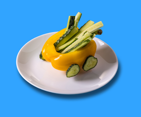 Art food, sweet yellow pepper machine in a plateの写真素材