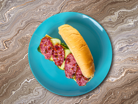 sandwich with salami, cheese and vegetables,view top