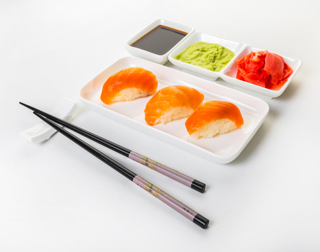 Japanese food, sushi with salmon on white backgroundの写真素材