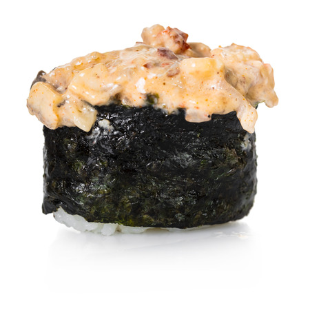 Japanese food, spicy unagi roll gunkan isolated on white backgroundの写真素材