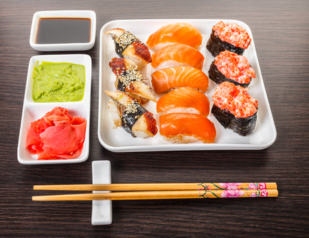 Japanese food, sushi set on a wooden backgroundの写真素材