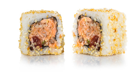 Japanese food, rolls on white isolated backgroundの写真素材