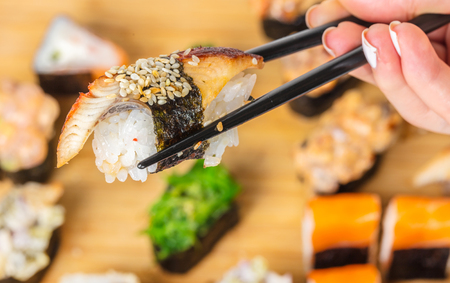Japanese food, sticks keep sushi with eel の写真素材