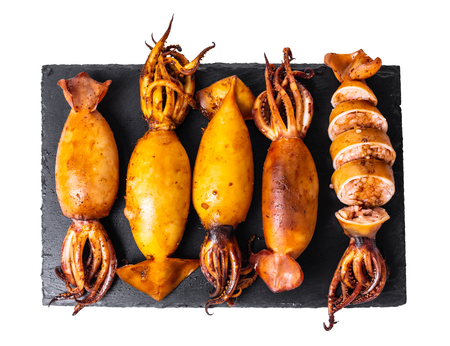 Stuffed squid, view top on a white isolated background