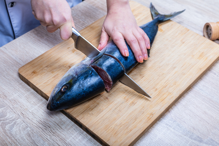 cook cuts raw tuna fish, hands closeupの写真素材