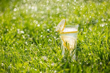 cold drink, lemonade in a glass on green grassの写真素材