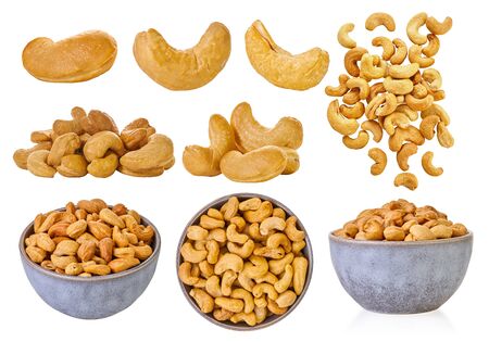 set of cashew nuts with clipping path on a white isolated background                               の写真素材