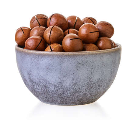 macadam nuts in bowl with clipping path on a white isolated backgroundの写真素材