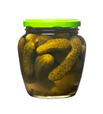 pickles in a jar on white isolated backgroundの写真素材