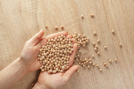 raw chickpeas in hands on wooden backgroundの写真素材