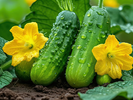 fresh cucumbers closeup, realistic illustrationの素材