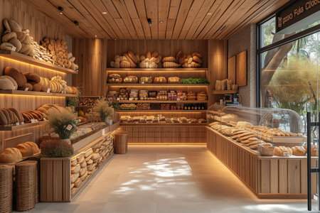 bakery with fresh pastries interior, realistic illustrationの素材
