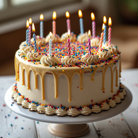 cake with candles closeup, realistic illustrationの素材