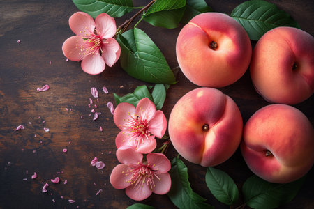 peaches closeup on wooden background, realistic illustrationの素材