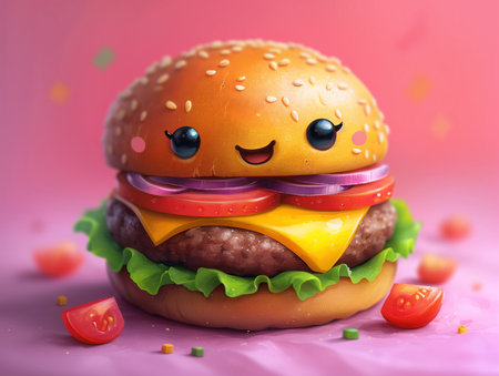funny hamburger with eyes, realistic illustrationの素材