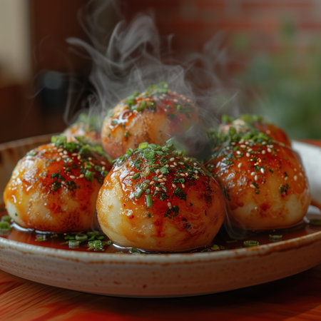 takoyaki in a plate closeup, realistic illustrationの素材