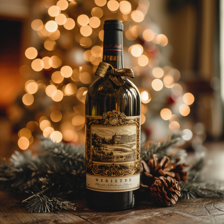 bottle of wine on christmas background, realistic illustrationの素材