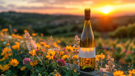 wine bottle grape plantation landscape background, realistic illustrationの素材